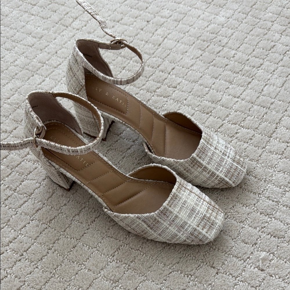 Women's Beige Plaid Ankle Strap Heels